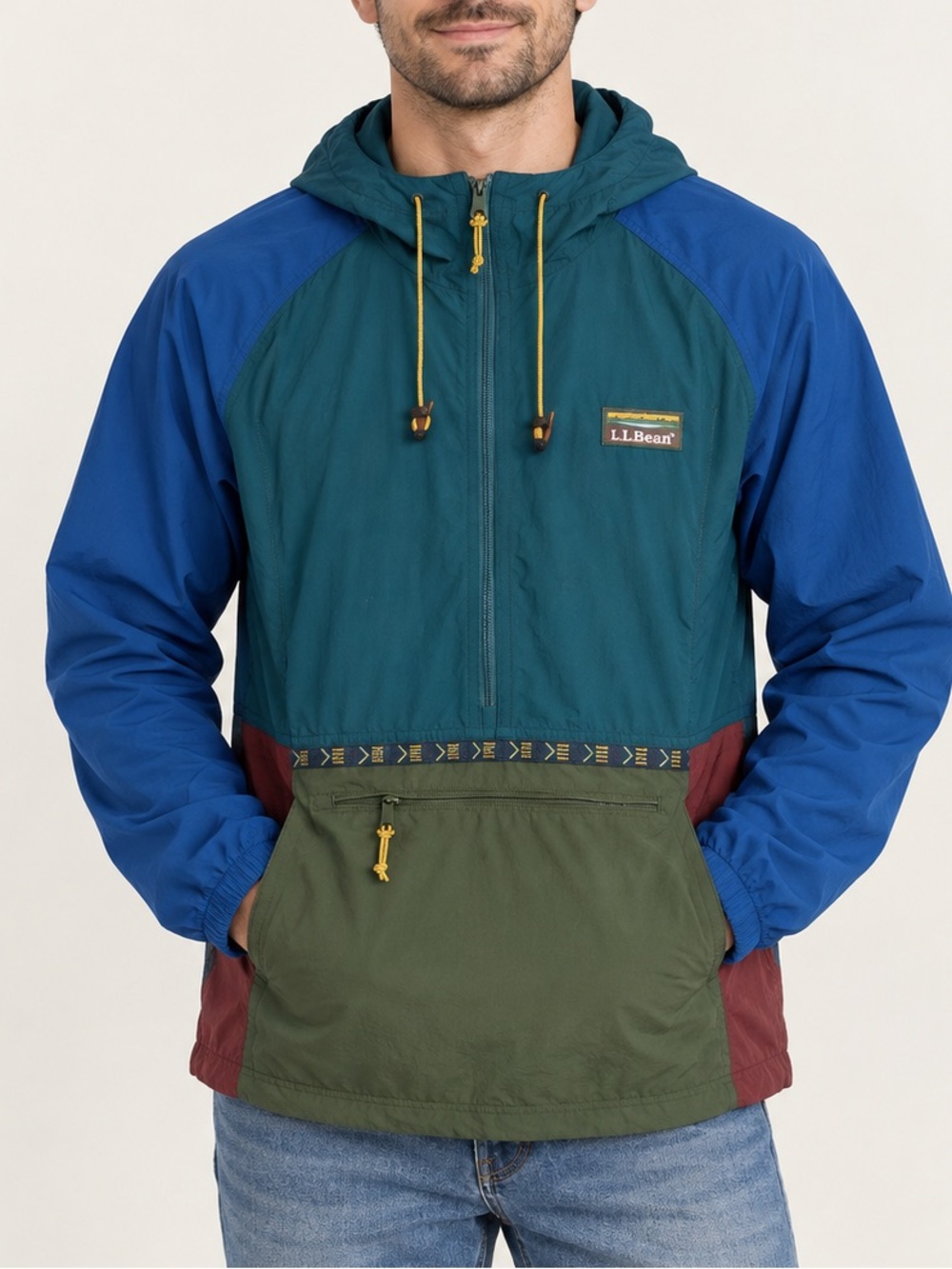 L.L.Bean Men’s M Colorblock Hooded Anorak Windbreaker Nylon Pullover Jacket